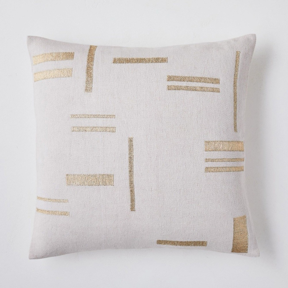 West Elm Pillow Cover Embroidered Metallic Blocks 24" x 24" White Gold